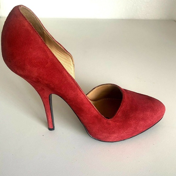 Lanvin 2011 Hiver Suede Pump Platform Red D'orsay Almond Toe Slim Heel 3… - Picture 2 of 9